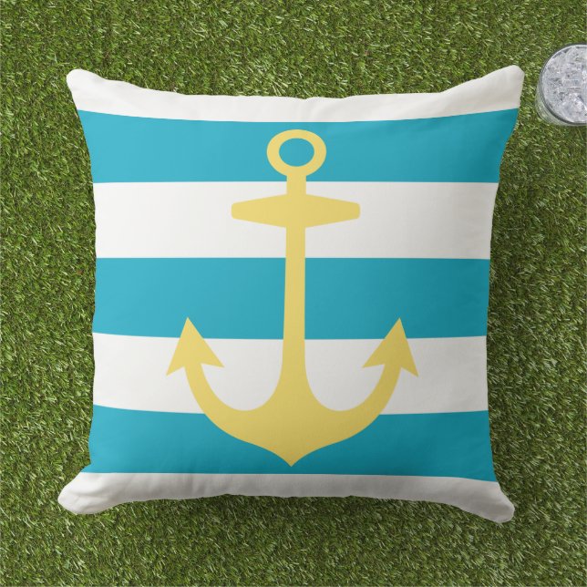 Nautical Yellow Anchor met Caribische blauwe strep Buitenkussen (Gras)