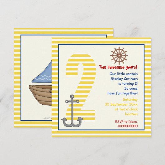 Nautical yellow sailboat, white 2e verjaardag part kaart (Voorkant / Achterkant)