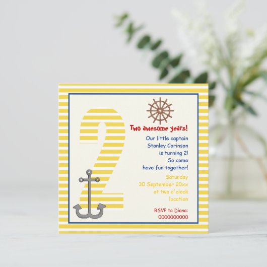 Nautical yellow sailboat, white 2e verjaardag part kaart (Staand voorkant)