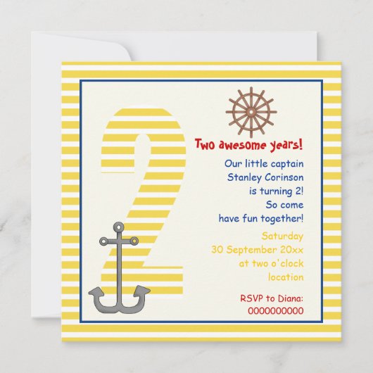 Nautical yellow sailboat, white 2e verjaardag part kaart (Voorkant)