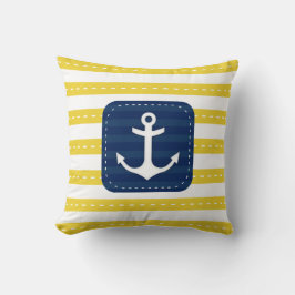 Nautical Yellow Stripes Navy Blue Banner Anchor Kussen