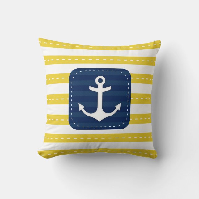 Nautical Yellow Stripes Navy Blue Banner Anchor Kussen (Voorkant)