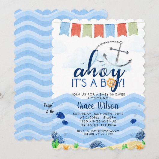 Nautical Zee Ahoy is een Baby shower-uitnodiging Kaart (Voorkant / Achterkant)