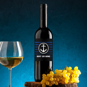 Nautical Zee Anchor Kapitein Name and Boat striped Wijn Etiket