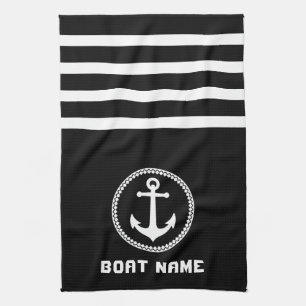 Nautical Zee Anchor Your Boat Name op Navy Black Theedoek