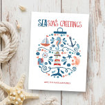 Nautical Zeeen & Greetings Beach Kerstannaming Feestdagenkaart<br><div class="desc">De beach geïnspireerde Vakantiekaart kenmerkt een patroon van tropische vissen,  vuurtoren,  walvisstaart,  zeeschildpadden,  zeeschildpadden,  krabben,  zanddollar,  zeilboot,  zeepaardje en kapitein's wiel in de vorm van een kerstversiering met "SEAson's Greetings" in een koel,  nautisch lettertype. Oorspronkelijk kunstwerk KL Stock.</div>