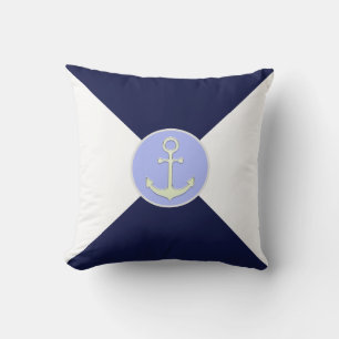 Nautical Zilveren Anker op Marineblauw & Wit Kussen