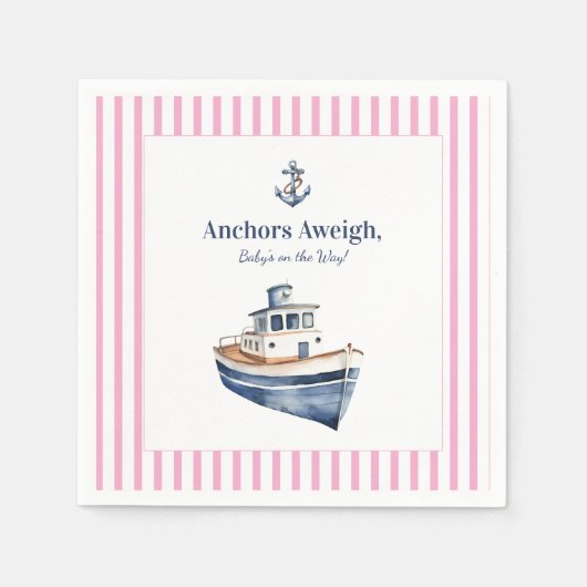 Nauticale baby shower t-reepboot servetten roze st (Voorkant)