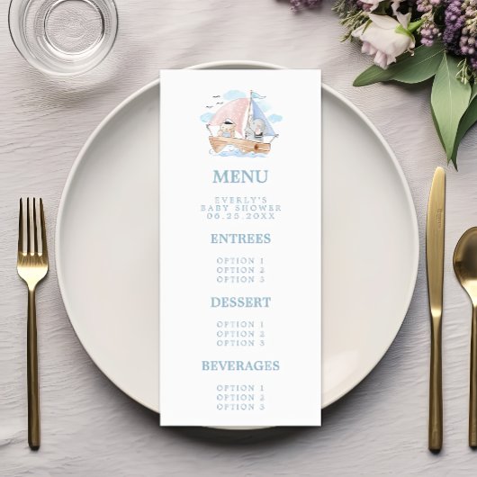 Nauticale Olifant Beer Watercolor Boot Baby Shower Menu