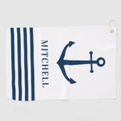 Nauticale witte anker streep monogram naam golfhanddoek (Horizontaal)