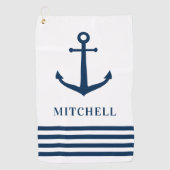 Nauticale witte anker streep monogram naam golfhanddoek (Voorkant)