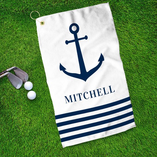 Nauticale witte anker streep monogram naam golfhanddoek
