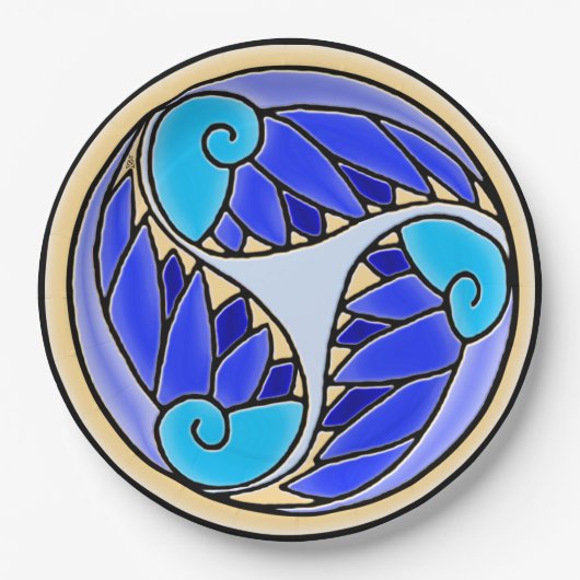 Nautilus en palmbladeren - 3 Blues, geel, zwart Papieren Bordje (Voorkant)