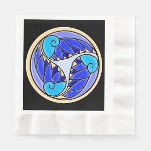 Nautilus en palmbladeren - 3 tinten blauw, geel, z servet