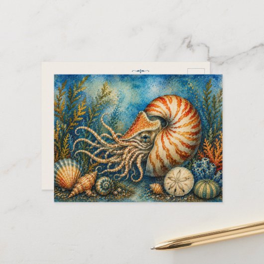 Nautilus Oceaan Aquarel Geïnspireerde Postkaart (Voorkant / Achterkant in situ)