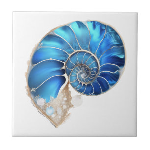 Nautilus schelp oceaanblauw 3D glinsterend strand Tegeltje