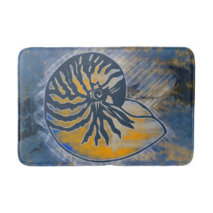 Nautilus, schelp, spiraal, illustratie, blauw van  badmat