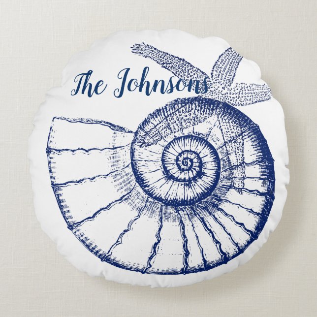 Nautilus Seashell & Starfish Marine Life Custom Rond Kussen (Voorkant)