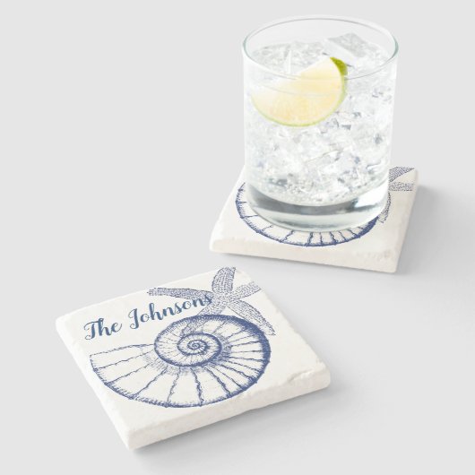 Nautilus Seashell & Starfish Marine Life Custom Stenen Onderzetter (Zijkant)