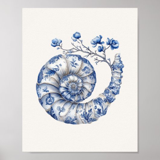 Nautilus Shell – Coastal Blue op Beige Wall Art Poster (Voorkant)
