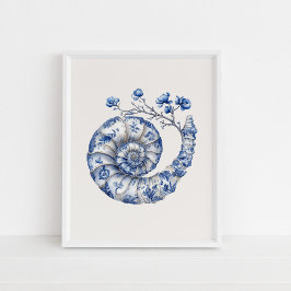 Nautilus Shell – Coastal Blue op Beige Wall Art Poster