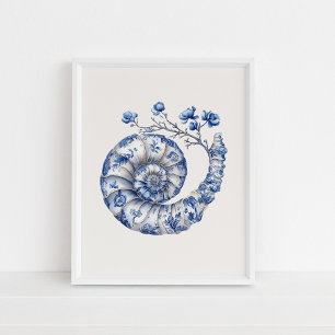 Nautilus Shell – Coastal Blue op Beige Wall Art Poster
