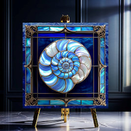 Nautilus Shell in blauw glas-in-loodraam Tegeltje