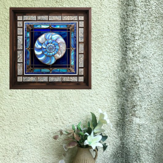 Nautilus Shell in blauw glas-in-loodraam Tegeltje