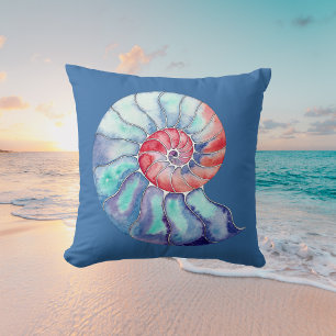 Nautilus Shell in Coral Blue en Grey in Blue Kussen