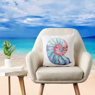 Nautilus Shell in Coral Blue en Grey in Off White Kussen