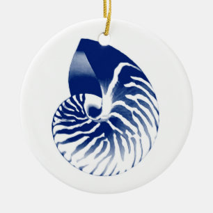 Nautilus shell - marineblauw en wit keramisch ornament
