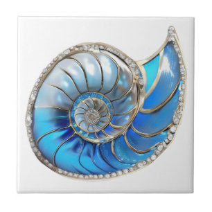 Nautilus zeeschelp oceaanblauw 3D diamant shimmer Tegeltje