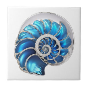 Nautilus zeeschelp oceaanblauw 3D strand nautisch Tegeltje