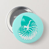 Nautilusschelp - turquoise, aqua en wit ronde button 7,6 cm (Voorkant /achterkant)