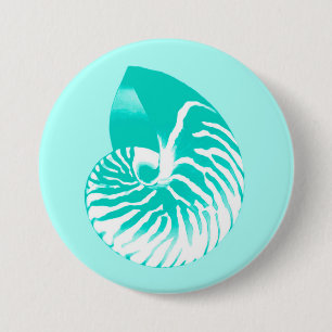 Nautilusschelp - turquoise, aqua en wit ronde button 7,6 cm