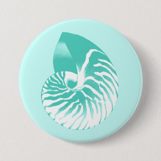 Nautilusschelp - turquoise, aqua en wit ronde button 7,6 cm (Voorkant)