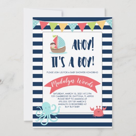 Nautisch Ahoy! Het is een jongen! Baby Shower Kaart (Voorkant)