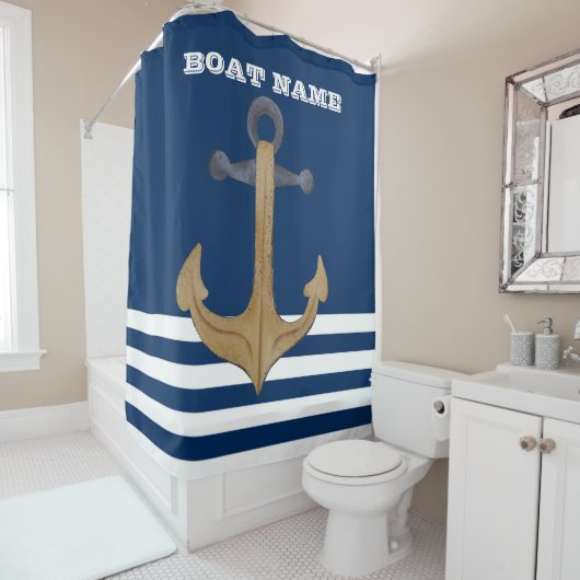 Nautisch,  Anchor Navy Blue Striped Douchegordijn (In situ)