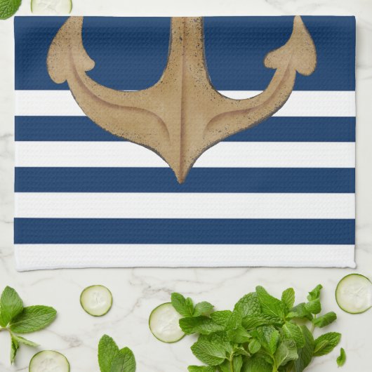 Nautisch,  Anchor Navy Blue Striped Theedoek (Gevouwen)