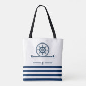 Nautisch, Anchor, Rope Navy Blue Stripes Tote Bag (Achterkant)