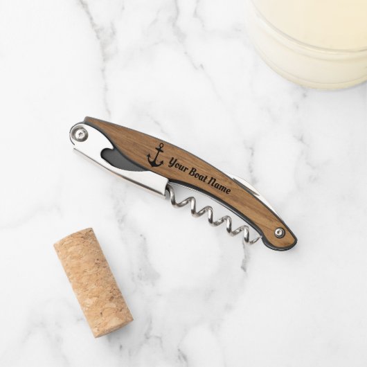 Nautisch anker aangepaste bootnaam hout kurkentrekker (Voorkant)