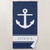 Nautisch Anker Aangepaste Naam Navy Blauwe Strandlaken (Voorkant)