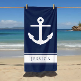 Nautisch Anker Aangepaste Naam Navy Blauwe Strandlaken