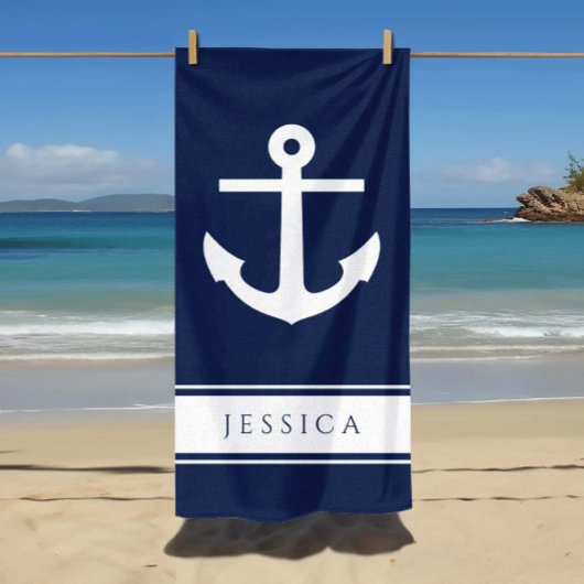 Nautisch Anker Aangepaste Naam Navy Blauwe Strandlaken