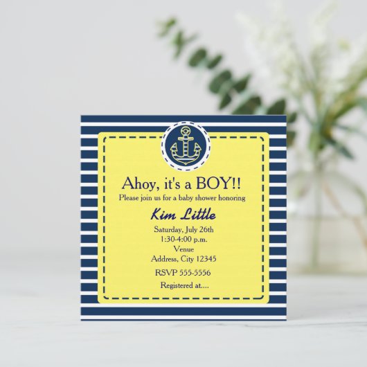 Nautisch anker Baby shower geel blauw Uitnodiging (Staand voorkant)
