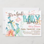 Nautisch Anker Baby shower Uitnodiging, Meisje Kaart (Voorkant)