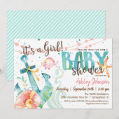Nautisch Anker Baby shower Uitnodiging, Meisje Kaart (Voorkant / Achterkant)