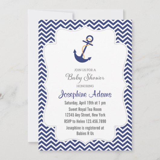 Nautisch Anker Baby shower Uitnodiging Navy Blue (Voorkant)
