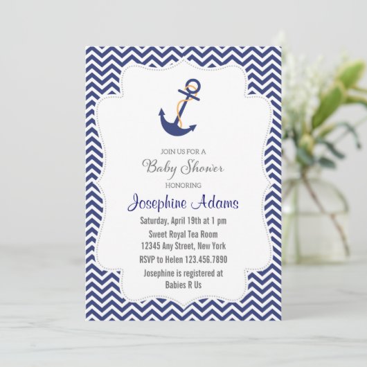Nautisch Anker Baby shower Uitnodiging Navy Blue (Staand voorkant)
