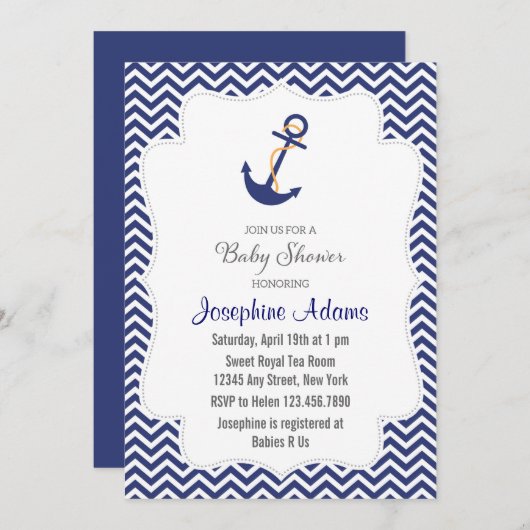 Nautisch Anker Baby shower Uitnodiging Navy Blue (Voorkant / Achterkant)